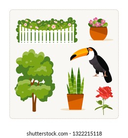 Find an extra object. Card for a logical game for children. Plants and bird. Vector illustration