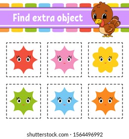 Find extra object. Educational activity worksheet for kids and toddlers. Game for children. Happy characters. Simple flat isolated vector illustration in cute cartoon style.