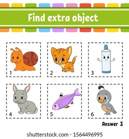 Find extra object. Educational activity worksheet for kids and toddlers. Game for children. Happy characters. Simple flat isolated vector illustration in cute cartoon style.