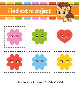 Find extra object. Educational activity worksheet for kids and toddlers. Game for children. Happy characters. Simple flat isolated vector illustration in cute cartoon style.