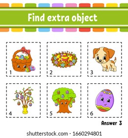 Find extra object. Educational activity worksheet for kids and toddlers. Game for children. Happy characters. Simple flat color isolated vector illustration in cute cartoon style.