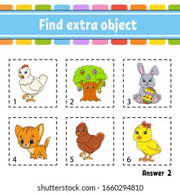 Find extra object. Educational activity worksheet for kids and toddlers. Game for children. Happy characters. Simple flat color isolated vector illustration in cute cartoon style.