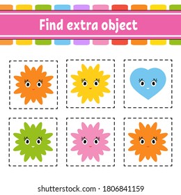 Find extra object. Educational activity worksheet for kids and toddlers. Game for children. Happy characters. Simple flat color isolated vector illustration in cute cartoon style.