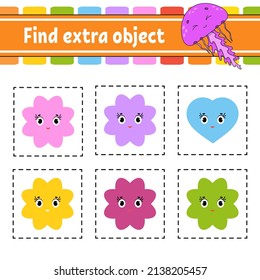 Find extra object. Educational activity worksheet for kids and toddlers. Game for children. Cute characters. Simple flat color isolated vector illustration in cartoon style.