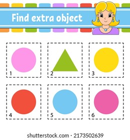 Find extra object. Educational activity worksheet for kids and toddlers. Game for children. Cute characters. Simple flat color isolated vector illustration in cartoon style.