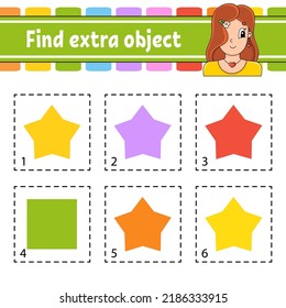 Find extra object. Educational activity worksheet for kids and toddlers. Game for children. Cute characters. Simple flat color isolated vector illustration in cartoon style.