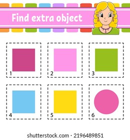 Find extra object. Educational activity worksheet for kids and toddlers. Game for children. Cute characters. Simple flat color isolated vector illustration in cartoon style.