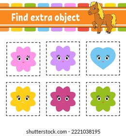 Find extra object. Educational activity worksheet for kids and toddlers. Game for children. Cute characters. Vector illustration.
