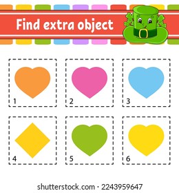 Find extra object. Educational activity worksheet for kids and toddlers. Game for children. Cute characters. Vector illustration.