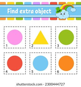Find extra object. Educational activity worksheet for kids and toddlers. Game for children. Cute characters. Vector illustration.