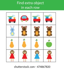 Find extra object in row. Educational children game. Logic activity for pre school age kids