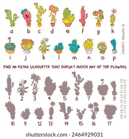 Find an extra silhouette that does not match any of the flowers. Educational game for kids. Attention task. Choose right silhouette. Funny cartoon character. Worksheet page. Cactus vector illustration