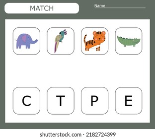 Find the first letter of the animals and connect. Educational game for children.
