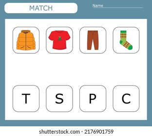 Encuentra la primera letra de la ropa y conéctate. Juego educativo para niños.
