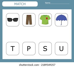 Find the first letter of the clothes  and connect. Educational game for children.
