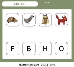 Find the first letter of the forest animals  and connect. Educational game for children.
