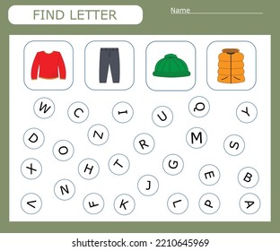 Find the first letter and match with the picture, a game for kids to learn the alphabet. Worksheet for printing. Educational game for children.