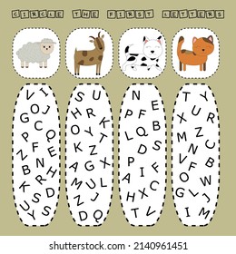 find the first letter of the name animals and connect. Educational game for children.
