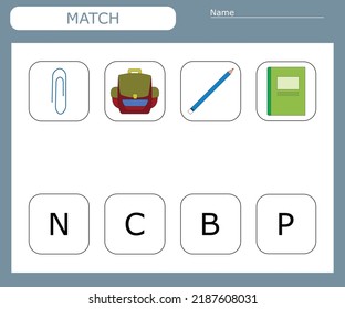 Find the first letter of the school supplies and connect. Educational game for children.
