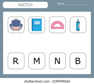 Find the first letter of the school supplies and connect. Educational game for children.

