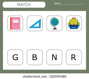 Find the first letter of the school supplies and connect. Educational game for children.
