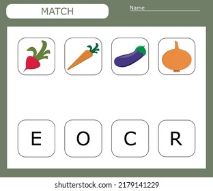 Find the first letter of the vegetables  and connect. Educational game for children.
