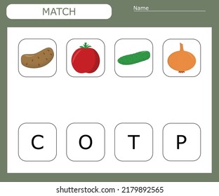 Find the first letter of the vegetables  and connect. Educational game for children.
