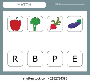 Finden Sie den ersten Buchstaben des Gemüses und verbinden Sie sich. Erziehungsspiel für Kinder.
