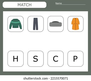 find the first letter of the word  clothes and connect. Educational game for children.