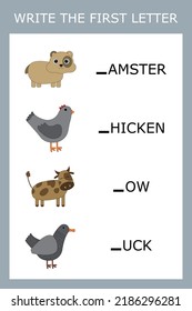 Find the first letter of the word  and connect. Educational game for children.
