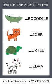 Find the first letter of the word  and connect. Educational game for children.
