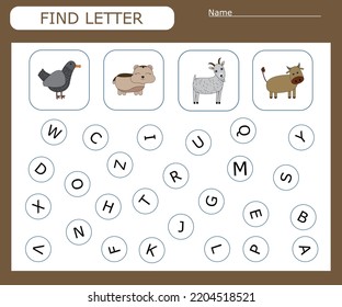 Find the first letter of the word  and connect. Educational game for children.
