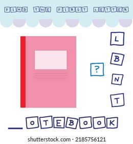 Find the first letter of the word NOTEBOOK and connect. Educational game for children.
