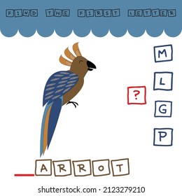 Find the first letter of the word PARROT and connect. Educational game for children.
