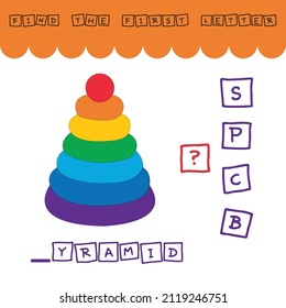 find the first letter of the word pyramid and connect. Educational game for children.