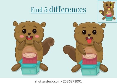 Find five differences from animals, compare two beavers and find the differences. This is an educational game for kids.A page with training materials. Preparing for school.