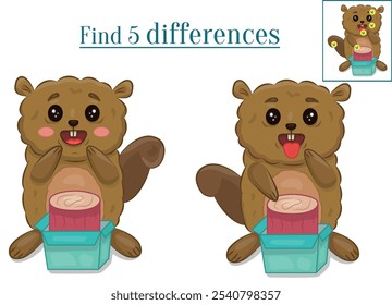 Find five differences from animals, compare two beavers and find the differences. This is an educational game for kids.A page with training materials. Preparing for school.