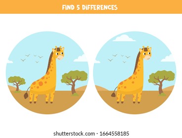 Find five differences between giraffes. Logical game for kids. Safari animals.