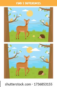 Encuentra cinco diferencias entre las imágenes. Paisaje forestal de primavera con animales. Pequeños ciervos de caricatura y erizos junto al río. Árboles y pájaros. El paisaje vectorial. Juego educativo lógico para niños.