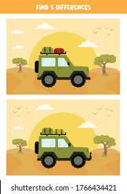 Finden Sie fünf Unterschiede zwischen den Bildern. Vectorsafari Landschaft mit Geländewagen. Lernlogisches Spiel für Kinder. Spot die Unterschiede.