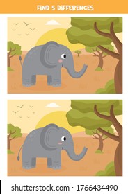 Encuentra cinco diferencias entre las imágenes. Paisaje de safari de verano con un tierno elefante de dibujos animados. Diferencias puntuales. Juego lógico para niños.