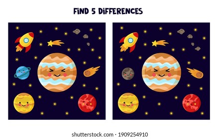 Find five differences between pictures. Jupiter and other planets.