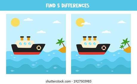 Find five differences between pictures. Ship at sea landscape.