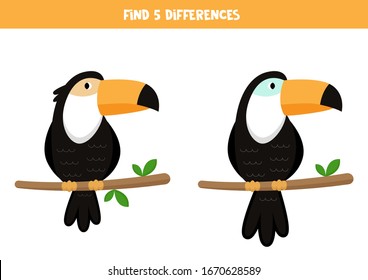 Find five differences between toucans. Educational logical game for kids.