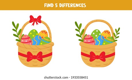 Find five differences between two Easter baskets full of eggs.