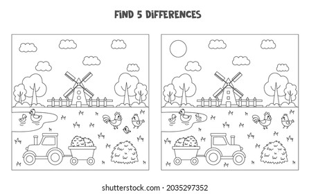 Find five differences between two black and white pictures of farm.