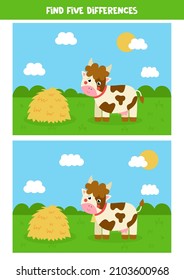 Find Five Differences Between Two Pictures Of Cute Cow On Farm.