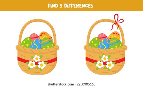 Find five differences between two Easter baskets full of eggs.