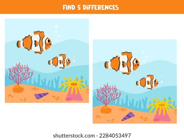 Find five differences between two pictures of cute clownfish undersea.