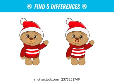 Find five differences between two pictures of cute brown bear. Cute teddy bear. Activity page. Christmas game. Vector